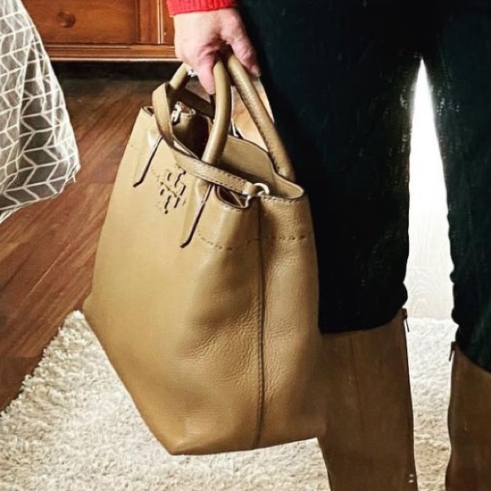 Tory Burch McGraw Pebbled Leather Triple Compartment Satchel Purse Bag Tote